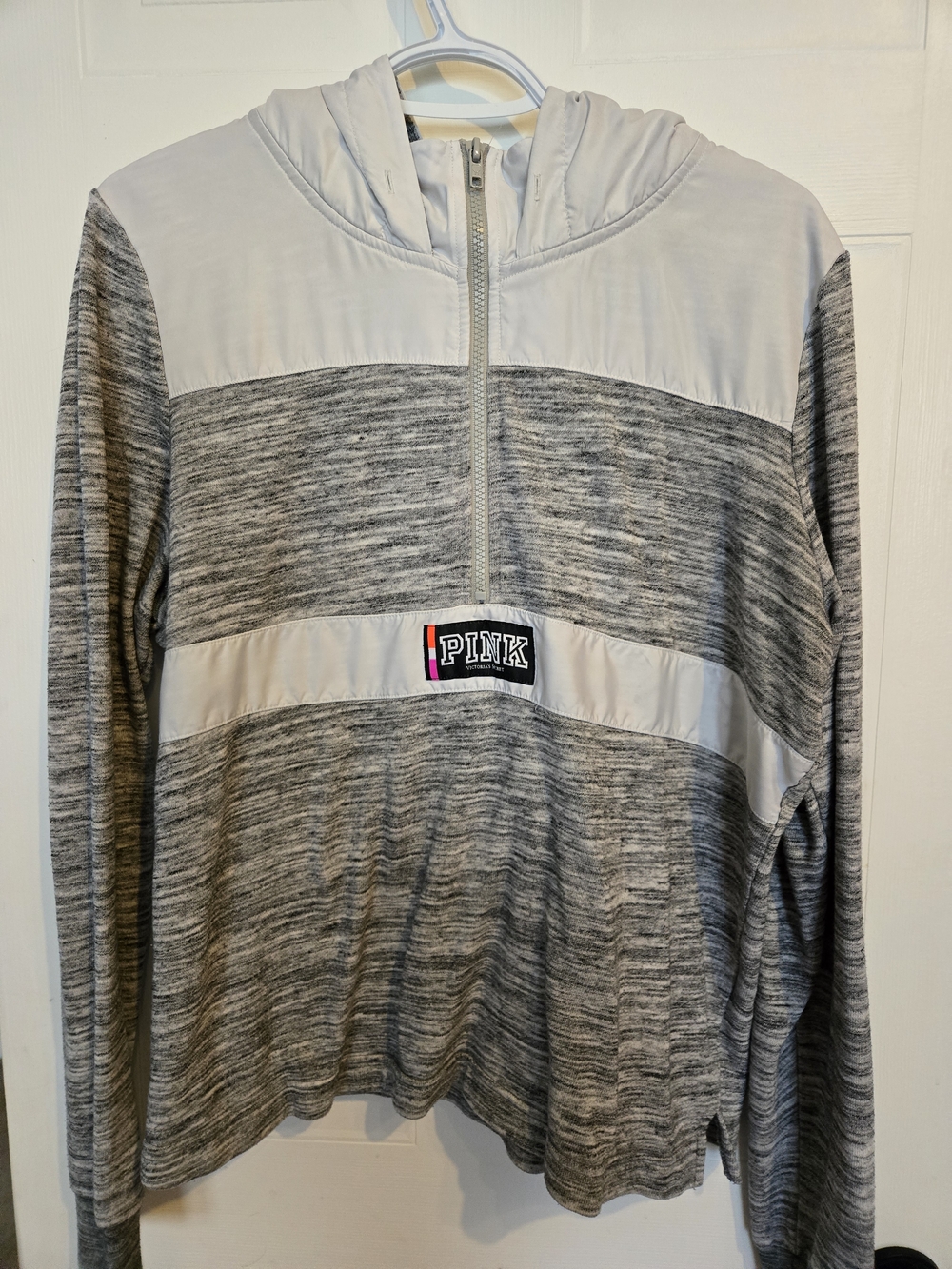 PINK Victoria's Secret by Victoria's Secret Gray Hooded Quarter-Zip Sweater